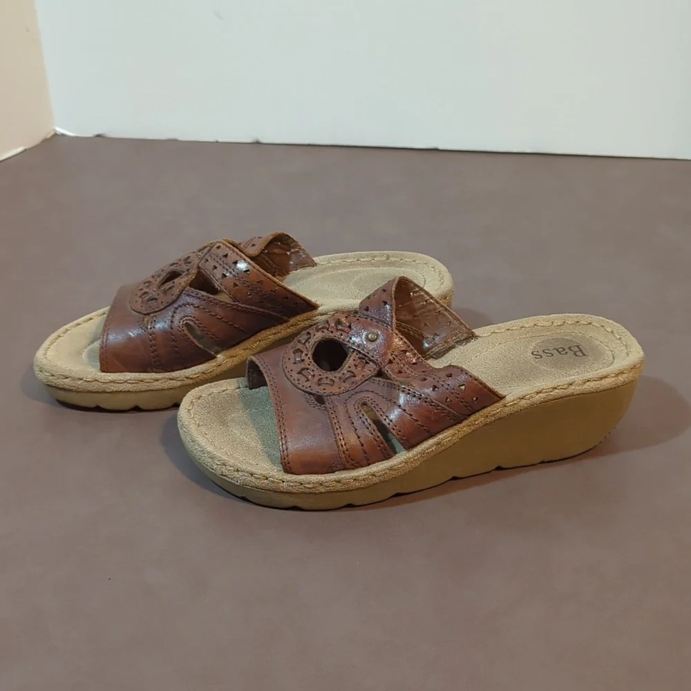 Bass Goldie Leather Wedge Sandal Womens 6M Brown Open Toe Slip on